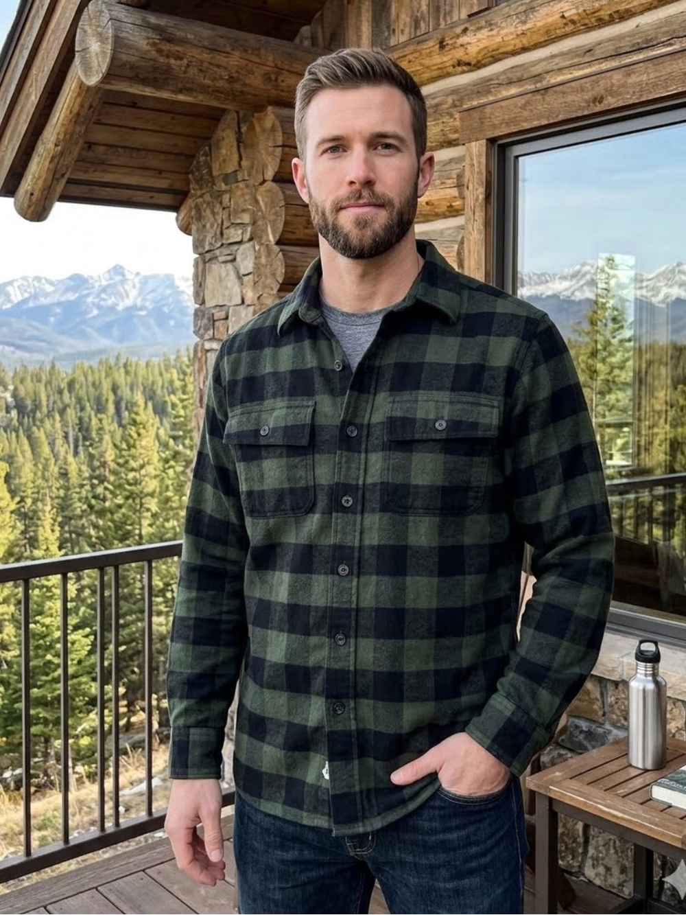 LL Bean Check Long Sleeve Traditional Fit Black & Green Flannel Shirt Cotton
